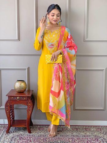 FANCY VISCOSE CHANDERI WITH SEQUENCE CODING EMBROIDERY WORK TOP BOTTOM WITH LACE BIOORDER DUPATTA YELLOW
