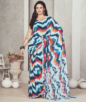 FASHIONABLE GEORGETTE BLUE WITH RED COLOR DIGITAL ZIGZAG PRINT WORK READY TO WEAR SAREE WITH UNSTITCHED BLOUSE MULTI