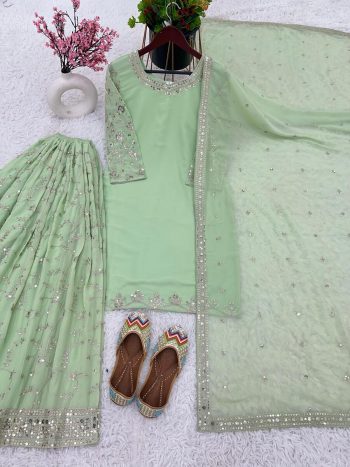 FASHIONABLE GEORGETTE EMBROIDERY SEQUENCE WORK TOP PALAZZO WITH DUPATTA SEA GREEN