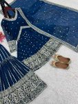 FASHIONABLE GEORGETTE EMBROIDERY SEQUENCE WORK TOP SHARARA WITH DUPATTA BLUE FESTIVAL WEAR WHOLESALE PRICE ETHNIC GARMENT (2)