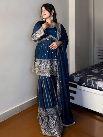 FASHIONABLE GEORGETTE EMBROIDERY SEQUENCE WORK TOP SHARARA WITH DUPATTA NAVY BLUE