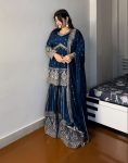 FASHIONABLE GEORGETTE EMBROIDERY SEQUENCE WORK TOP SHARARA WITH DUPATTA BLUE FESTIVAL WEAR WHOLESALE PRICE ETHNIC GARMENT (2)