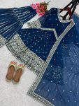 FASHIONABLE GEORGETTE EMBROIDERY SEQUENCE WORK TOP SHARARA WITH DUPATTA BLUE FESTIVAL WEAR WHOLESALE PRICE ETHNIC GARMENT (2)