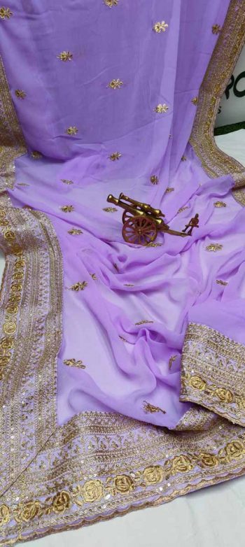 DESIGNER GEORGETTE EMBROIDERY LACE WORK SAREE WITH UNSTITCHED BLOUSE LAVENDER