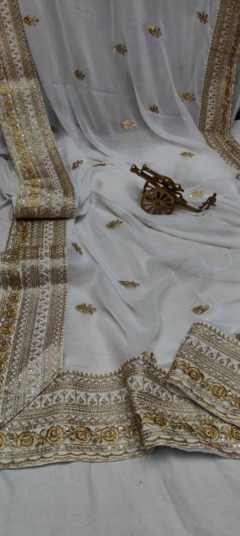 DESIGNER GEORGETTE EMBROIDERY LACE WORK SAREE WITH UNSTITCHED BLOUSE  WHITE