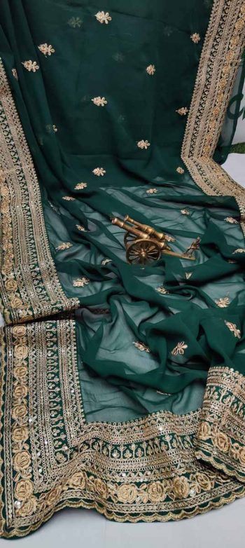 DESIGNER GEORGETTE EMBROIDERY LACE WORK SAREE WITH UNSTITCHED BLOUSE GREEN