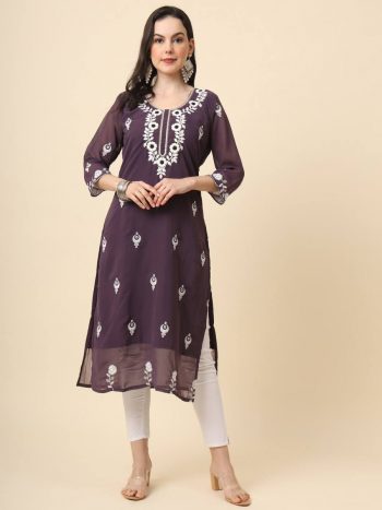 FASHIONABLE GEORGETTE EMBROIDERY WORK ONLY KURTI WINE