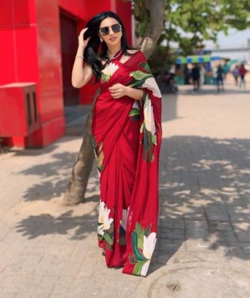 FASHIONABLE GEORGETTE MULTI COLOR FLOWER DIGITAL PRINT WORK READY TO WEAR SAREE WITH UNSTITCHED BLOUSE MAROON
