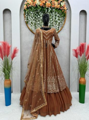 FASHIONABLE GEORGETTE THREAD SEQUENCE WORK TOP LEHENGA WITH DUPATTA BROWN