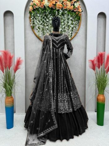 FASHIONABLE GEORGETTE THREAD SEQUENCE WORK TOP LEHENGA WITH DUPATTA BLACK