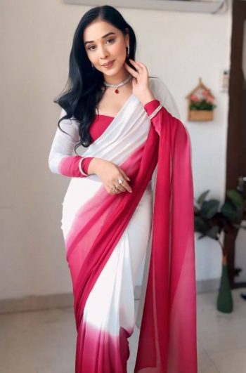 FASHIONABLE GEORGETTE WHITE WITH MAROON COLOR DIGITAL PRINT WORK READY TO WEAR SAREE WITH UNSTITCHED BLOUSE WHITE