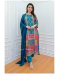 FASHIONABLE MUSLIN PRINT WITH SEQUENCE  WORK TOP BOTTOM WITH DUPATTA SKY