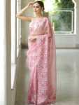 FASHIONABLE ORGANZA EMBROIDERY WORK SAREE WITH UNSTITCHED BLOUSE PARTY WEAR WHOLESALE PRICE ETHNIC GARMENT (7)