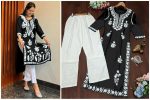 FASHIONABLE RAYON COTTON CHIKANKARI EMBROIDERY WORK TOP BOTTOM SET PARTY WEAR WHOLESALE PRICE ETHNIC GARMENT (1)