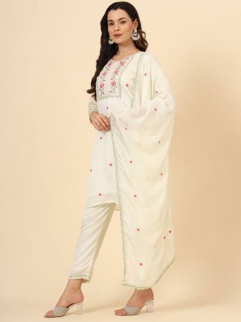 FASHIONABLE VICHITRA SILK EMBVROIDERY WORK TOP BOTTOM WITH DUPATTA OFF WHITE