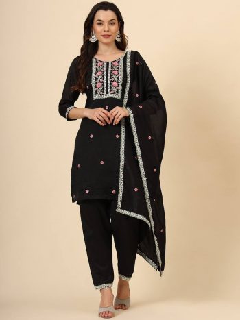 FASHIONABLE VICHITRA SILK EMBVROIDERY WORK TOP BOTTOM WITH DUPATTA BLACK
