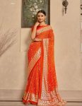 DIGITAL PRINT DESIGN WITH MULTI COLOUR PIPING SAREE AND GEORGETTE BLOUSE PARTY WEAR