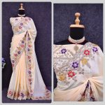 HEAVY CHINON SILK EMBROIDERY CODING WORK SAREE WITH UNSTITCHED BLOUSE PARTY WEAR WHOLESALE PRICE ETHNIC GARMENT (6)