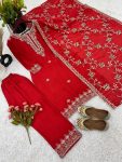 LATEST CHINON EMBROIDERY SEQUENCE WORK TOP BOTTOM WITH DUPATTA RED PARTY WEAR WHOLESALE PRICE ETHNIC GARMENT (4)