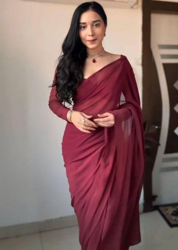 LATEST GEORGETTE PLAIN 1 MINUTE SAREE WITH UNSTITCHED BLOUSE MAROON