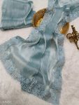 LATEST JIMMY CHOO CODING EMBROIDERY JARKAN DIAMOND WORK SAREE WITH UNSTITCHED BLOUSE SKY