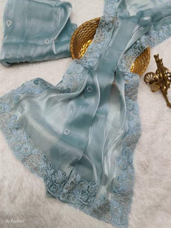 LATEST JIMMY CHOO CODING EMBROIDERY JARKAN DIAMOND WORK SAREE WITH UNSTITCHED BLOUSE SKY