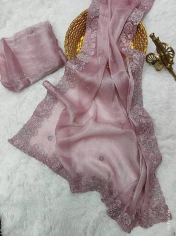 LATEST JIMMY CHOO CODING EMBROIDERY JARKAN DIAMOND WORK SAREE WITH UNSTITCHED BLOUSE BABY PINK