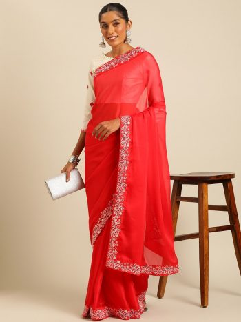 LATEST RANGOLI SILK EMBROIDERY SEQUENCE WORK SAREE WITH UNSTITCHED BLOUSE RED