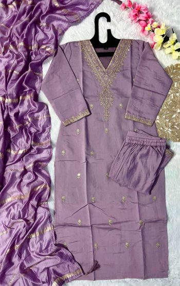 LATEST ROMAN SILK EMBROIDERY SEQUENCE WORK TOP BOTTOM WITH DUPATTA  LAVENDER