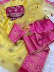 RICH LOOK ORGANZA SEQUENCE GOLDEN ZARI WORK SAREE WITH UNSTITCHED BLOUSE FESTIVAL WEAR WHOLESALE PRICE ETHNIC GARMENT (14)