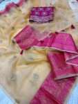 RICH LOOK ORGANZA SEQUENCE GOLDEN ZARI WORK SAREE WITH UNSTITCHED BLOUSE FESTIVAL WEAR WHOLESALE PRICE ETHNIC GARMENT (24)