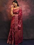 TRADITIONA LICHI SILK ZARI WEAVING WORK SAREE WITH UNSTITCHED BLOUSE PARTY WEAR WHOLESALE PRICE ETHNIC GARMENT (2)