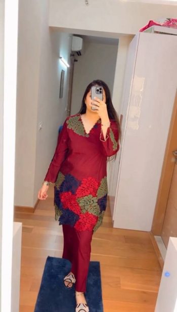 TREANDING FIYONA SILK EMBROIDERY WORK KURTI PALAZZO RED