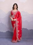 TREANDING RANGOLI SILK EMBROIDERY  WORK SAREE WITH UNSTITCHED BLOUSE RED