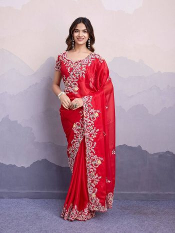 TREANDING RANGOLI SILK EMBROIDERY  WORK SAREE WITH UNSTITCHED BLOUSE RED
