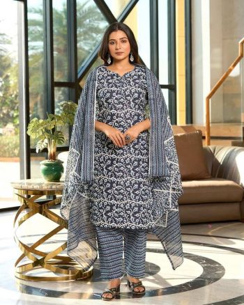 TRENDING COTTON BLEND PRINTED TOP BOTTOM WITH CHANDERI DUPATTA  NAVY BLUE