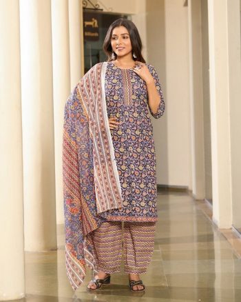 TRENDING COTTON BLEND PRINTED TOP BOTTOM WITH CHANDERI DUPATTA BLUE