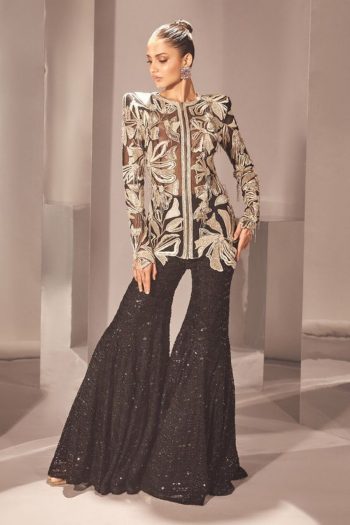 TRENDING GEORGETTE CHINE SEQUENCE WORK TOP WITH SHARARA  BLACK