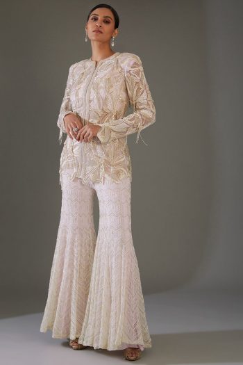 TRENDING GEORGETTE CHINE SEQUENCE WORK TOP WITH SHARARA PEACH