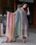 TRENDING JIMMY CHOO EMBROIDERY SEQUENCE MOTI WORK TOP BOTTOM WITH DUPATTA GREY
