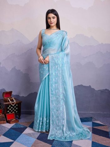 TRENDING JIMMY CHOO EMBROIDERY SEQUENCE WORK SAREE WITH UNSTITCHED BLOUSE SKY