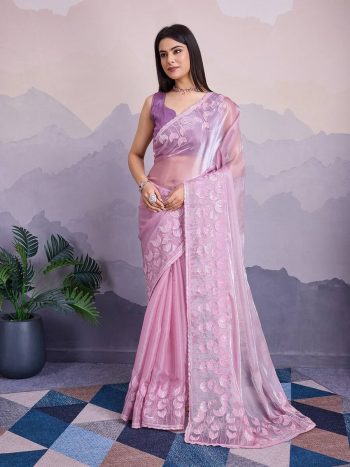 TRENDING JIMMY CHOO EMBROIDERY SEQUENCE WORK SAREE WITH UNSTITCHED BLOUSE BABY PINK