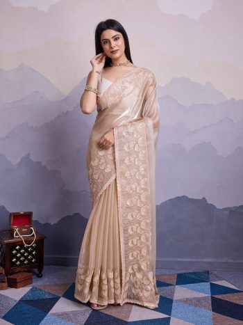 TRENDING JIMMY CHOO EMBROIDERY SEQUENCE WORK SAREE WITH UNSTITCHED BLOUSE CREAM