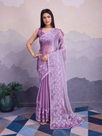 TRENDING JIMMY CHOO EMBROIDERY SEQUENCE WORK SAREE WITH UNSTITCHED BLOUSE LAVENDER