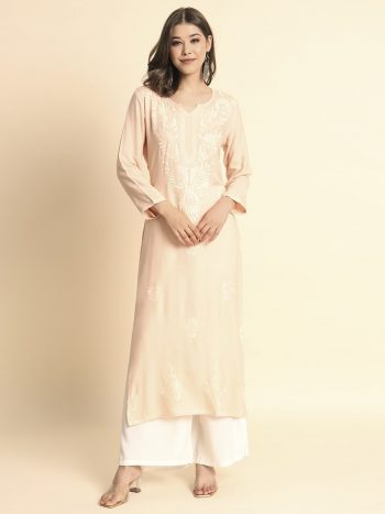 TRENDING LIVA RAYON LUCKNOWI CHIKANKARI WORK ONLY KURTI CREAM