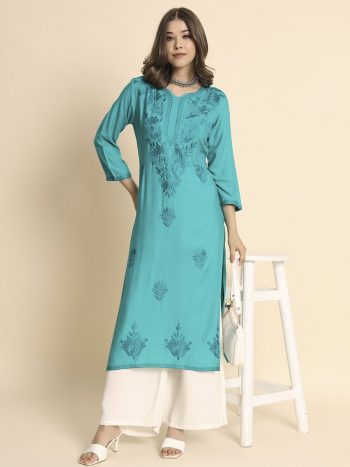 TRENDING LIVA RAYON LUCKNOWI CHIKANKARI WORK ONLY KURTI  RAMA