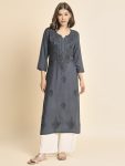 TRENDING LIVA RAYON LUCKNOWI CHIKANKARI WORK ONLY KURTI  BLACK