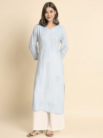 TRENDING LIVA RAYON LUCKNOWI CHIKANKARI WORK ONLY KURTI SKY