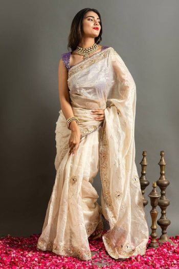 TRENDING SOFT JIMMY CHOO EMBROIDERY SEQUENCE WORK SAREE WITH STITCHED BLOUSE CHIKU