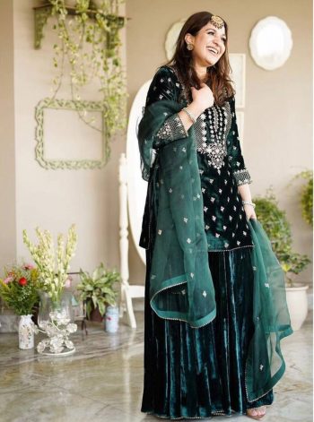 TRENDING VISCOSE VELVET EMBROIDERY WORK TOP PALAZZO WITH DUPATTA GREEN